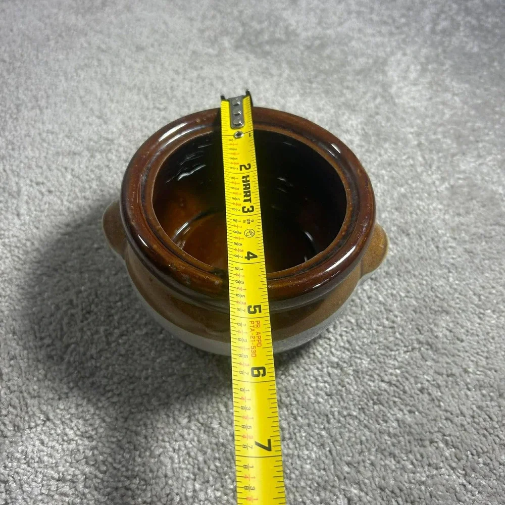 Bean Pot Brown Tan Cream Stoneware Mini Crocks Set of 2 with 1 Lid